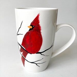 Original Hand Painted Cardinal Bird Ceramic Mug Signed Art Work One of a Kind